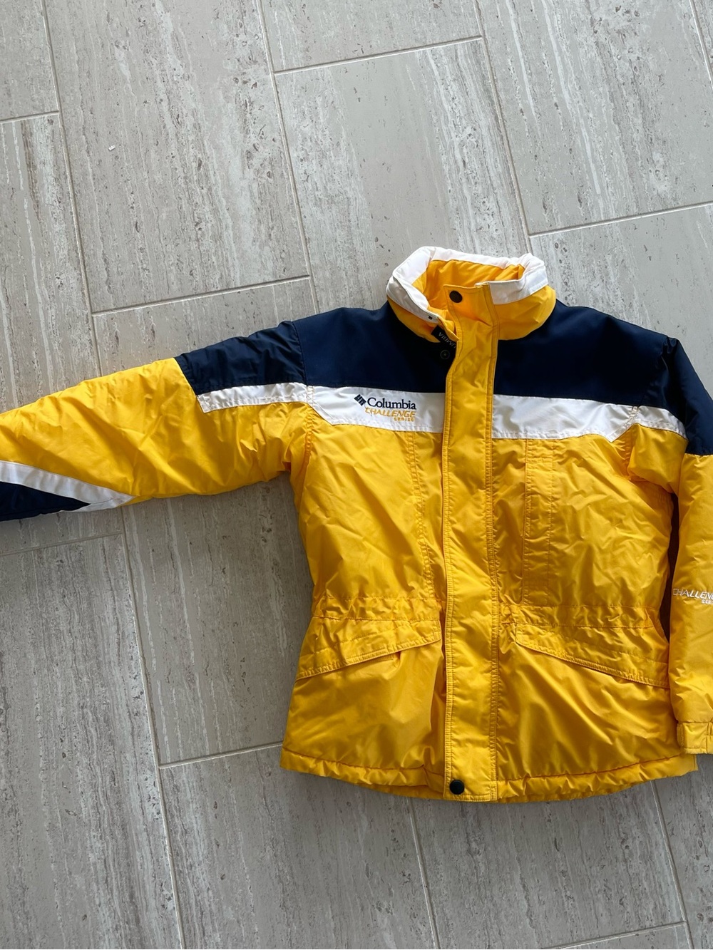 Vintage Columbia Kids' Yellow Challenge Series Ski Coat with Navy & White Trim